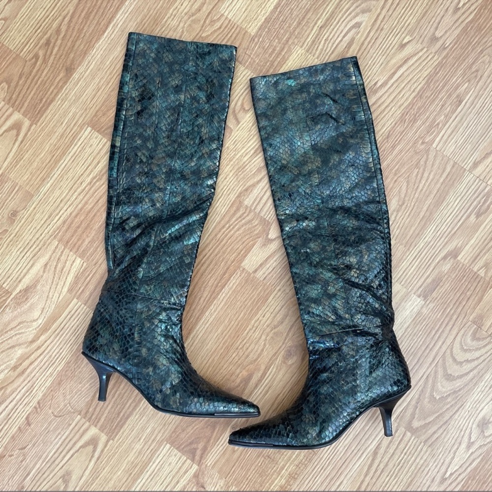 Vintage 90s Gucci Tom Ford Python Snakeskin Green Slip On Long Knee High Boot - Picture 3 of 14